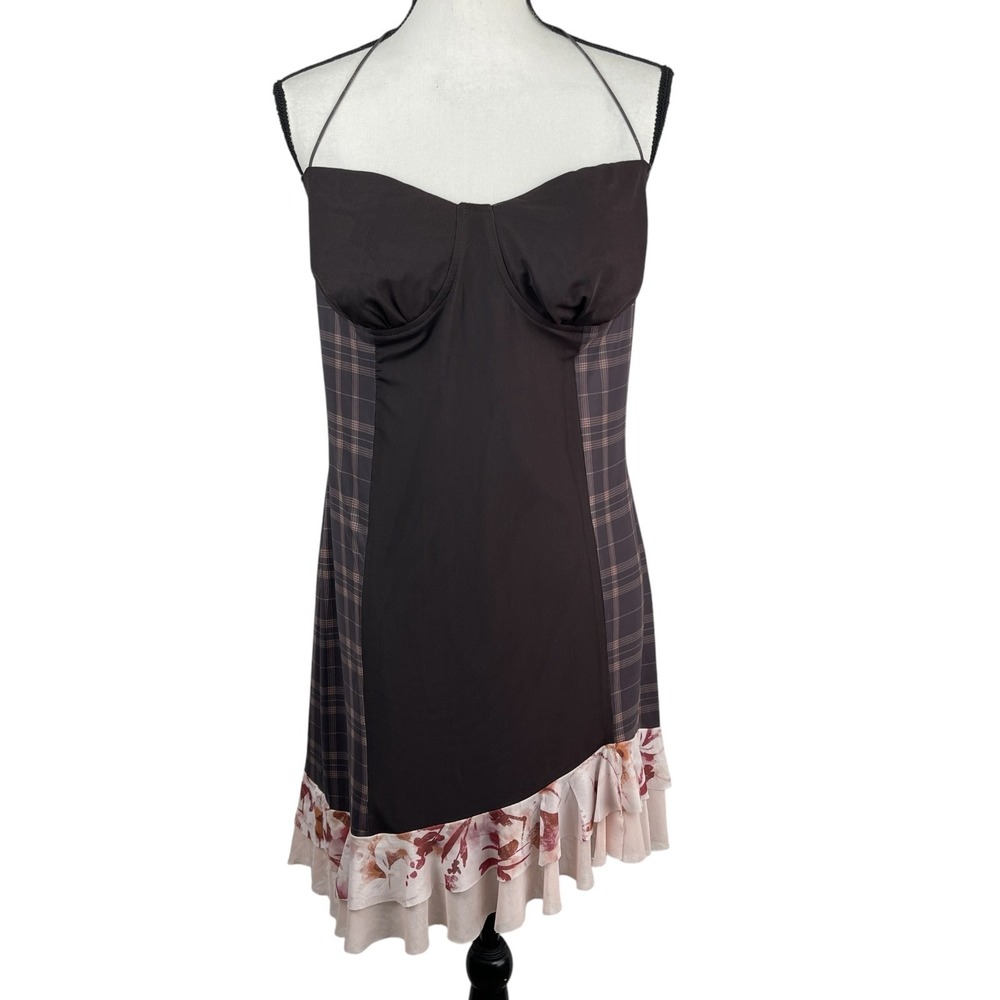 Princess Polly Women's Halter Dress 12 Brown Plaid Floral Asymmetric Hem Y2K NWT
